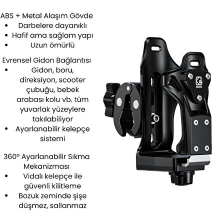 ABS Metal Alaşım Su Şişesi & Termos Tutucu – Bisiklet, Scooter, Motosiklet, Bebek Arabası Uyumlu – 360° Ayarlı Kelepçe