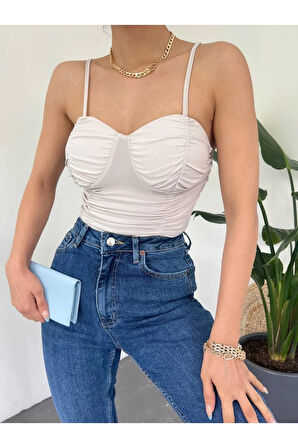 Kadın Büzgülü Gloplu Askılı Crop Top Büstiyer 