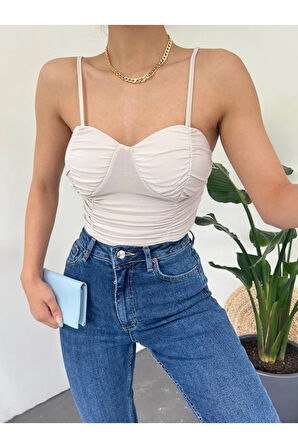 Kadın Büzgülü Gloplu Askılı Crop Top Büstiyer 