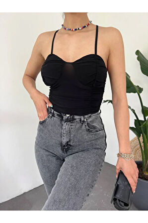 Kadın Büzgülü Gloplu Askılı Crop Top Büstiyer 