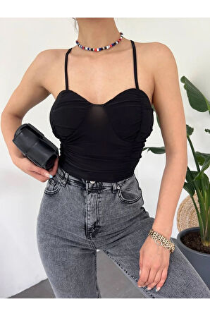 Kadın Büzgülü Gloplu Askılı Crop Top Büstiyer 