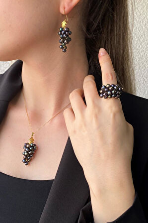 925 Ayar Gümüş Kadın Üzüm Salkımı Doğal İnci Küpe Kolye Yüzük Üçlü Set