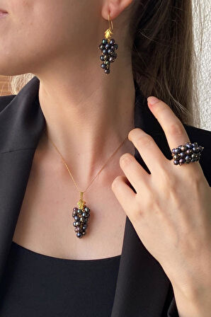 925 Ayar Gümüş Kadın Üzüm Salkımı Doğal İnci Küpe Kolye Yüzük Üçlü Set