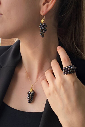 925 Ayar Gümüş Kadın Üzüm Salkımı Doğal İnci Küpe Kolye Yüzük Üçlü Set