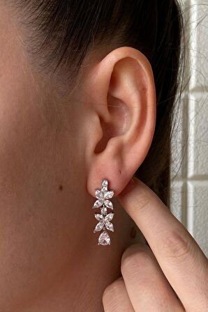 925 Ayar Gümüş Kadın Çiçek Modelli Zirkon Taşlı Doğal İnci Küpe Kolye Bileklik Yüzük Dörtlü Set