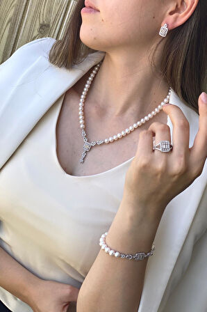 925 Ayar Gümüş Kadın Baget Kesim Doğal İnci Küpe Kolye Bileklik Yüzük Dörtlü Set