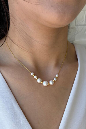 925 Ayar Gümüş  Sıralı Süzme İnci Dorika Toplu 9 mm Kolye