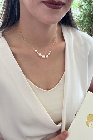 925 Ayar Gümüş  Sıralı Süzme İnci Dorika Toplu 9 mm Kolye