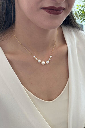 925 Ayar Gümüş  Sıralı Süzme İnci Dorika Toplu 9 mm Kolye