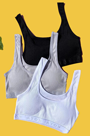 Kadın Fitilli Siyah-Beyaz-Gri Kalın Askılı Çıkarılabilir Pedli Büstiyer Yarım Atlet 3 Adet