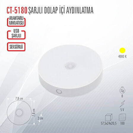 CATA CT-5180 ŞARJLI DOLAP İÇİ AYDINLATMA LED APLİK (20 ADET)