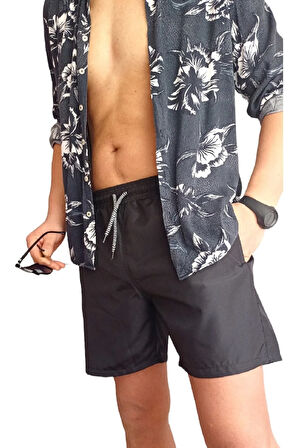 Besa Büyük Beden Siyah File Iç Astarlı Fermuarlı Yan Cepli Hızlı Kuruma Özellikli Mayo Havuz Ve Deniz Şortu