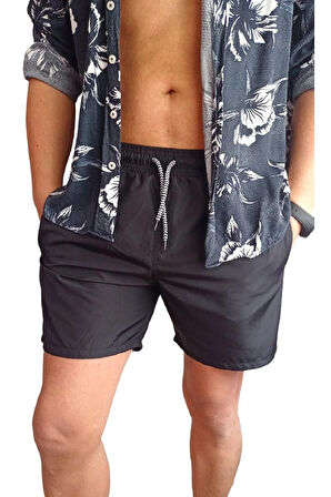 Siyah File Iç Astarlı Fermuarlı Yan Cepli Hızlı Kuruma Özellikli Mayo Havuz Ve Deniz Şortu