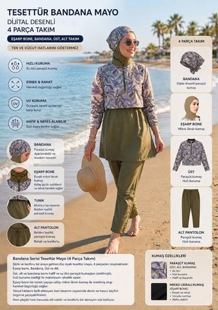 Besa Tesettür Bandana Mayo Dijital Desenli Siyah 4 Parça Eşarp Bone, Bandana, Üst, Alt takım ten ve vücut hatlarını göstermez