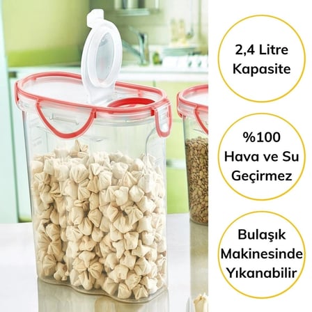 BiiShe® Kilitli Kapaklı Contalı Hava,Su Sıvı Geçirmez 2,4 Litre Erzak Saklama Kabı-SA590