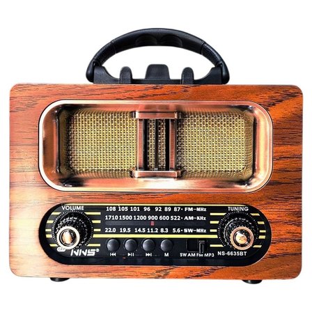 BiiShe® Büyük Boy Retro, Nostaljik, Ahşap Tasarım Bluetooth Hoparlörlü, Şarjlı, Taşınabilir FM/AM Destekli Radyo NS-6635