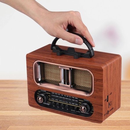 BiiShe® Büyük Boy Retro, Nostaljik, Ahşap Tasarım Bluetooth Hoparlörlü, Şarjlı, Taşınabilir FM/AM Destekli Radyo NS-6635