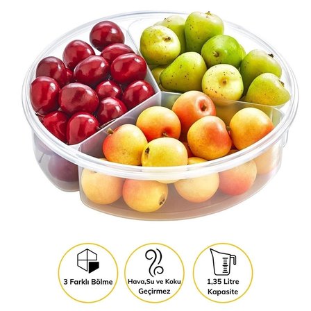 BiiShe® 3 Bölmeli Sızdırmaz Contalı Kilitli Kapaklı 1,35 Litre yuvarlak Erzak Saklama Kabı LC-500