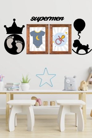 BiiShe® DECO103 Supermen Dekoratif Duvar Süsü Tablo Aksesuar Ahşap Tasarım Hediye Pano Sticker Seti