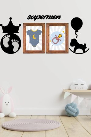 BiiShe® DECO103 Supermen Dekoratif Duvar Süsü Tablo Aksesuar Ahşap Tasarım Hediye Pano Sticker Seti