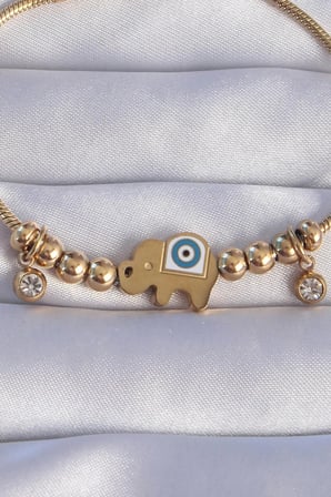 Mey İthalat® 316L Çelik Gold Renk Zirkon Taşlı Nazarlı Fil Tasarımlı Bileklik