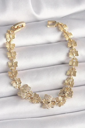 Pirinç Gold Renk Zirkon Taşlı Kelebek Model Zincir Kadın Bileklik