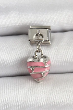 316L Çelik Gümüş Renk Pembe Kalp Model Nomination Charm