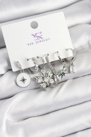 Mey İthalat® Pirinç Zİrkon Taşlı Kelebek ve Yıldız Model Gümüş Renk 3'lü Çift Kadın Küpe
