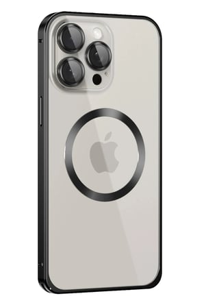 Mey İthalat®  iPhone 15 Pro Max Kılıf Metal Bumper Magneticsafe Kapak - Siyah