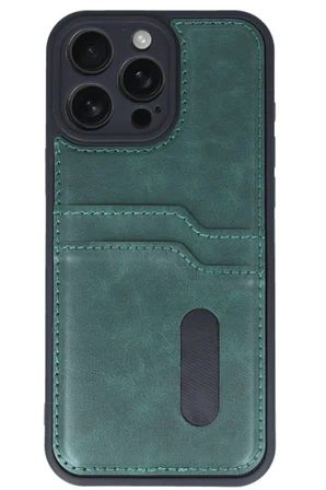 Mey İthalat®  iPhone 16 Pro Max Kılıf Sara Kartvizitli Deri Kılıf - Koyu Yeşil