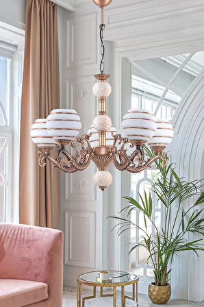 Beş Kollu Zamak Avize Bakır Krem Çinili Kahverengi Çizgili Beyaz Camlı