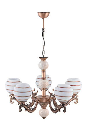 Beş Kollu Zamak Avize Bakır Krem Çinili Kahverengi Çizgili Beyaz Camlı