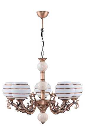 Beş Kollu Zamak Avize Bakır Krem Çinili Kahverengi Çizgili Beyaz Camlı