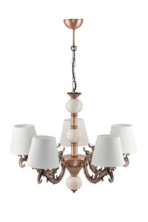 Beş Kollu Zamak Avize Bakır Krem Çinili Krem Şapkalı