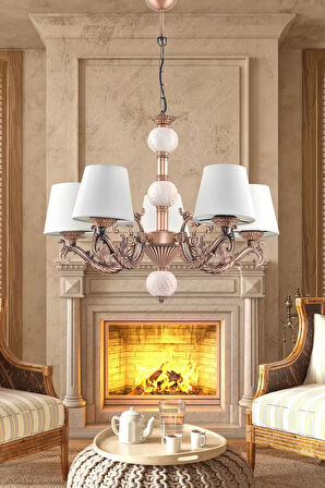 Beş Kollu Zamak Avize Bakır Krem Çinili Krem Şapkalı