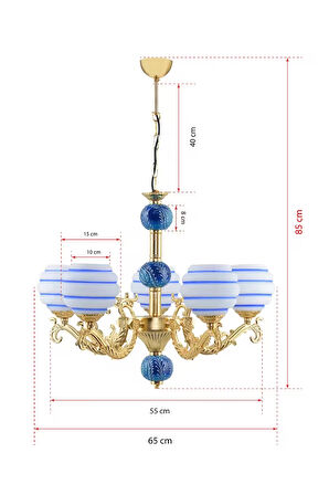 Beş Kollu Zamak Avize Gold Mavi Çinili Mavi Çizgili Beyaz Cam