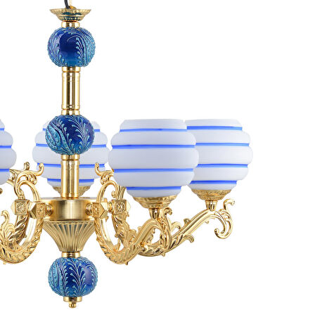 BEŞ  KOLLU ZAMAK AVİZE GOLD MAVİ ÇİNİLİ MAVİ ÇİZGİLİ BEYAZ CAM