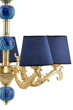 Beş Kollu Zamak Avize Gold Mavi Çinili Mavi Şapkalı