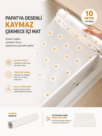 BiiShe Papatya Desenli Kaymaz Dolap İçi ve Çekmece Matı (10 Metre)