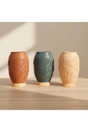 Pamore Dekoratif Vazo - Bej / Ahşap Tabanlı - Natural