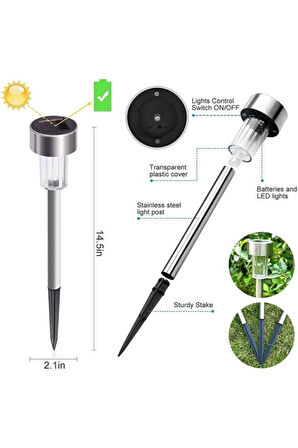 10'lu Metal Gövdeli Beyaz Ledli Solar Güneş Enerjili Bahçe Lambası 