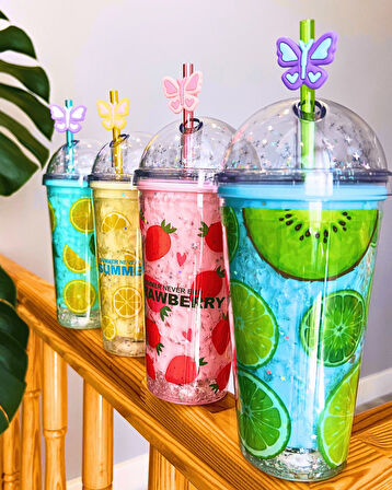 Suluk Pipetli Meyve Görselli Led Işıklı 450 ML Çift Katman Mika Su Şişesi 2096 Kiwi