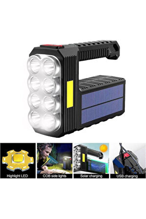 El Feneri 8 Gözlü Şarjlı Solar Usb ve  Güneş Enerjili Şarj Edilebilir Çok Fonksiyonlu Süper Parlak F