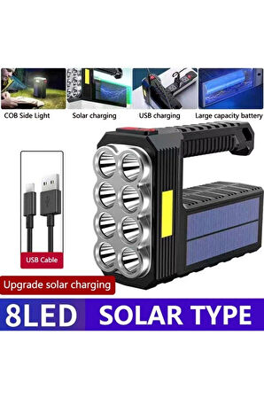 El Feneri 8 Gözlü Şarjlı Solar Usb ve  Güneş Enerjili Şarj Edilebilir Çok Fonksiyonlu Süper Parlak F
