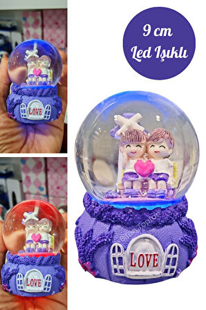 Love Sevgili Çift Temalı Mor 9 cm Orta Boy Led Işıklı Kar Küresi 