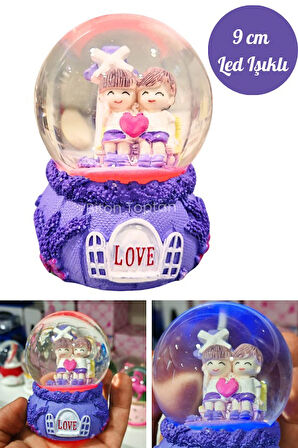 Love Sevgili Çift Temalı Mor 9 cm Orta Boy Led Işıklı Kar Küresi 