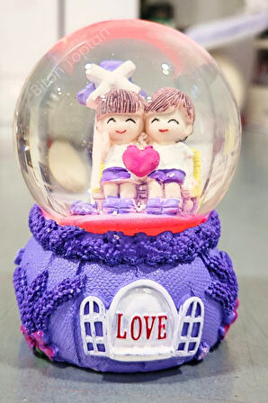 Love Sevgili Çift Temalı Mor 9 cm Orta Boy Led Işıklı Kar Küresi 