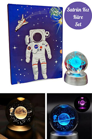 Satürn Kız Cam Küre Ve Nasa Defter Set Renk Değiştiren Işıklı Dekoratif Küre Set
