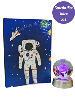 Satürn Kız Cam Küre Ve Nasa Defter Set Renk Değiştiren Işıklı Dekoratif Küre Set