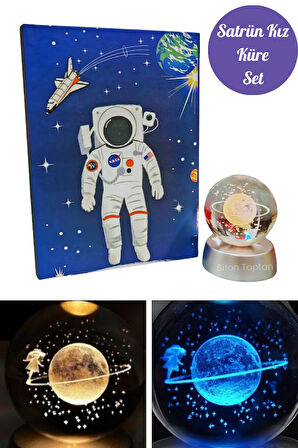 Satürn Kız Cam Küre Ve Nasa Defter Set Renk Değiştiren Işıklı Dekoratif Küre Set